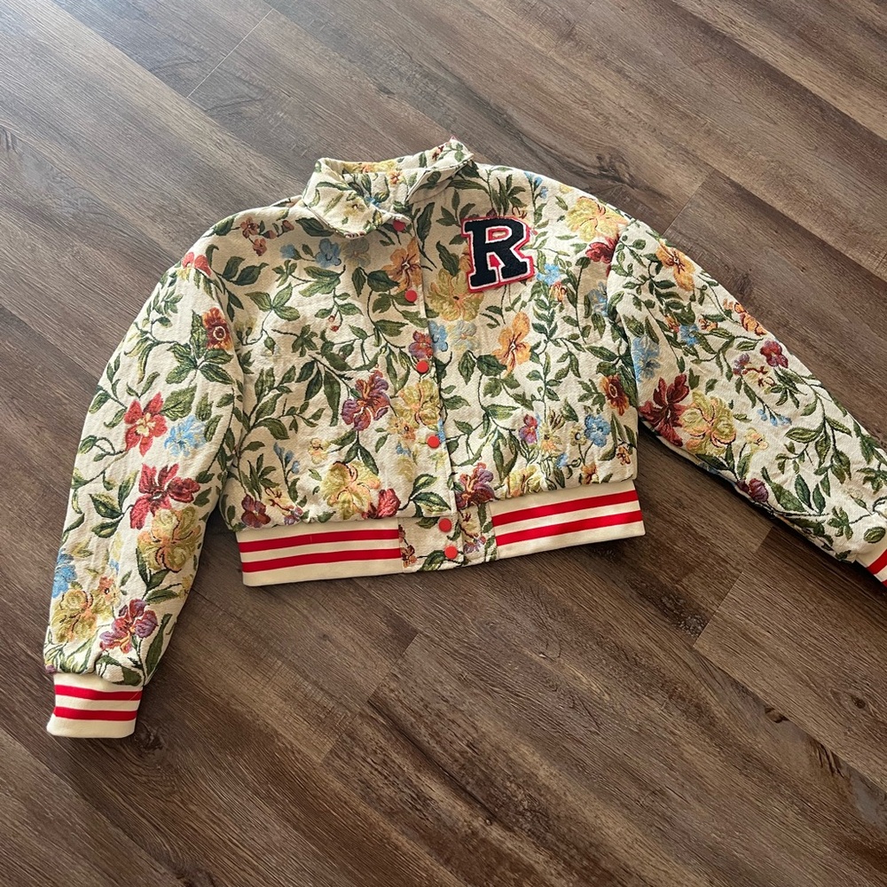Floral vintage look letter jacket cropped